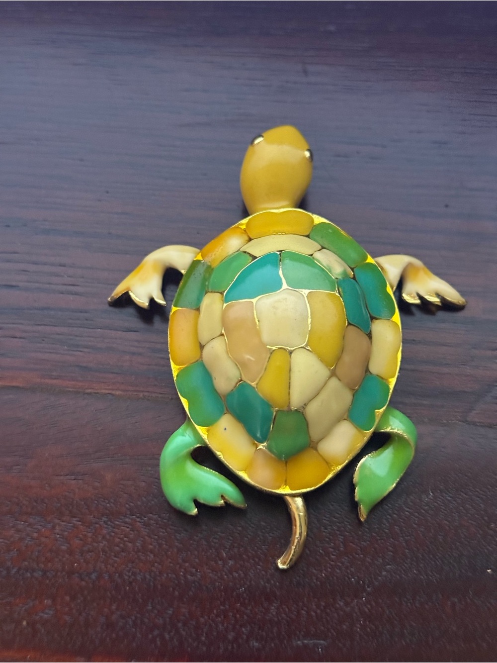 Gold-Tone Enamel Turtle Brooch in Green and Yellow Mosaic